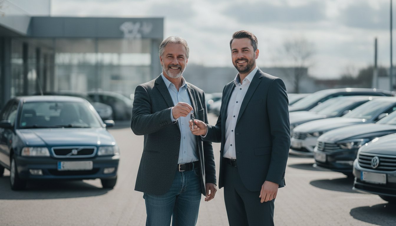 Kunde übergibt Autoschlüssel bei der Inzahlungnahme im Autohaus