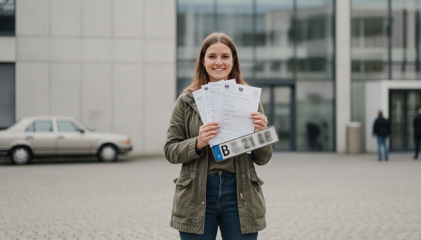 Autofahrerin mit Fahrzeugpapieren und Kennzeichen vor der Zulassungsstelle