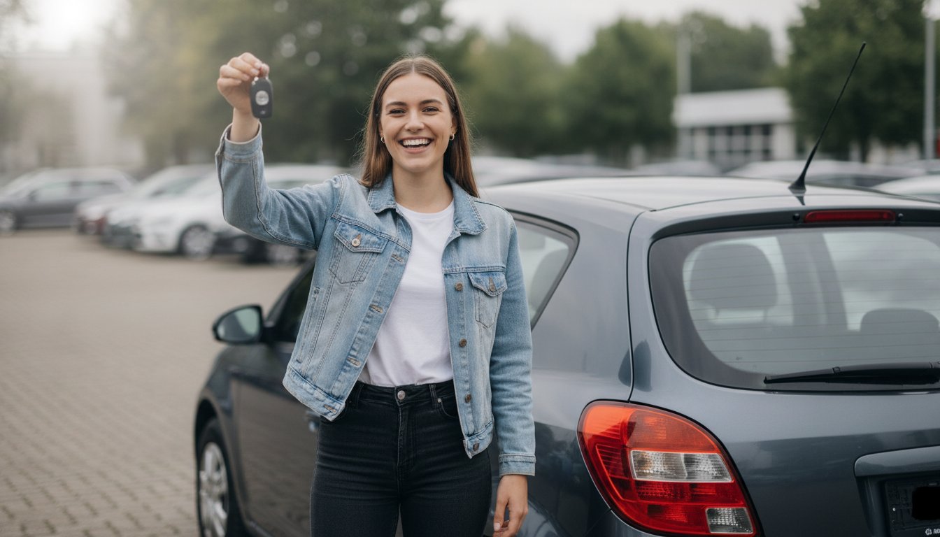 Fahranfängerin freut sich über die Schlüssel zu ihrem ersten Auto
