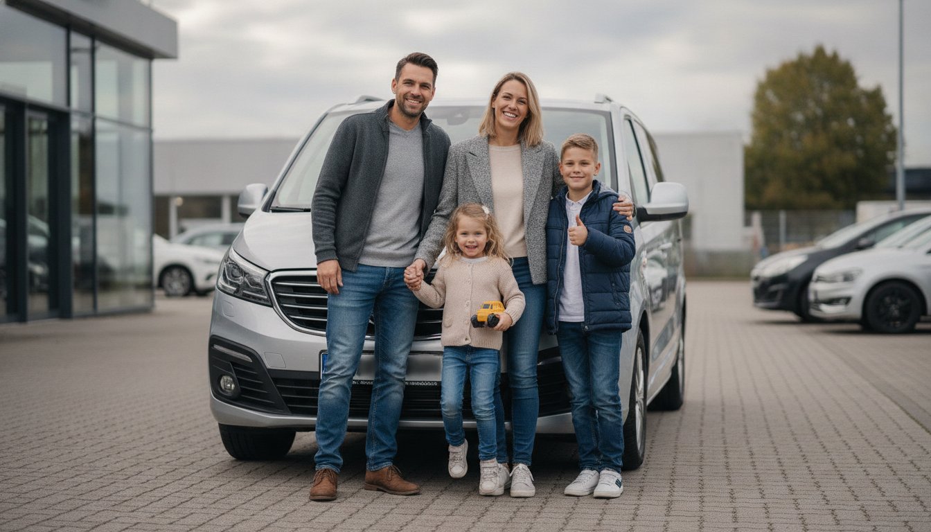 Familie mit Kindern vor ihrem neuen gebrauchten Familienauto
