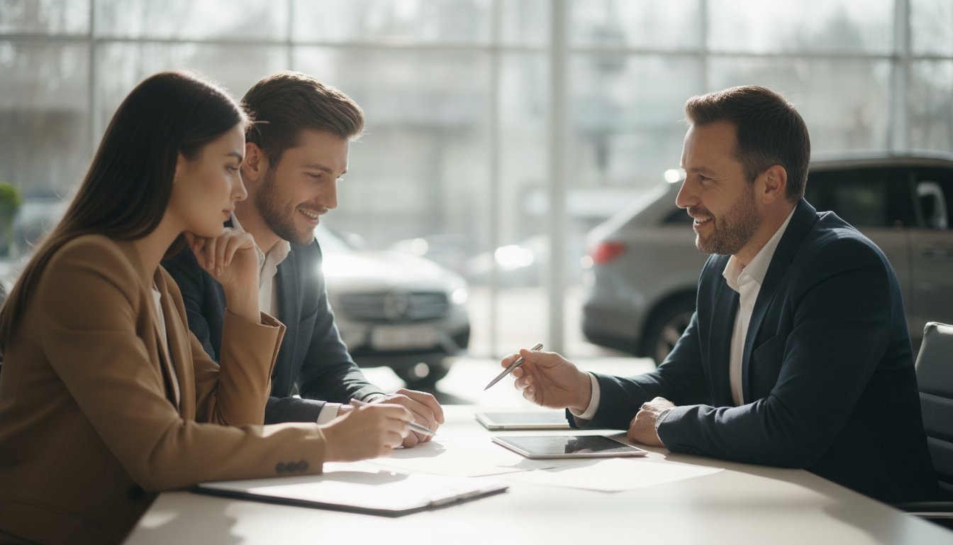 Paar bespricht die Finanzierung eines Gebrauchtwagens mit Berater im Autohaus