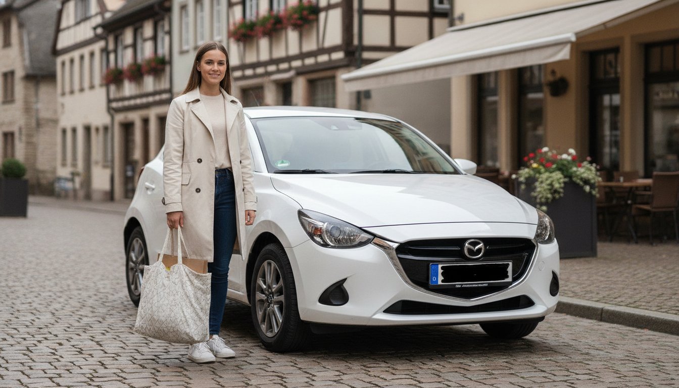 Junge Frau mit Einkaufstasche neben einem weißen Mazda 2 Gebrauchtwagen in der Innenstadt