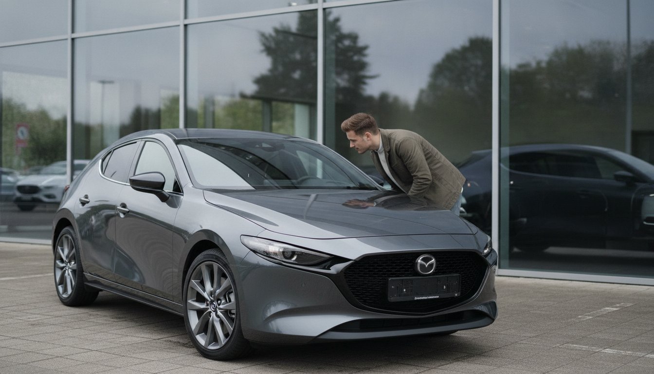 Mann begutachtet einen grauen Mazda 3 Gebrauchtwagen vor dem Autohaus