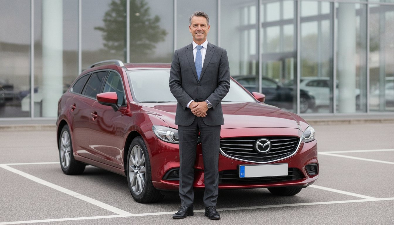 Geschäftsmann neben einem dunkelroten Mazda 6 Kombi Gebrauchtwagen