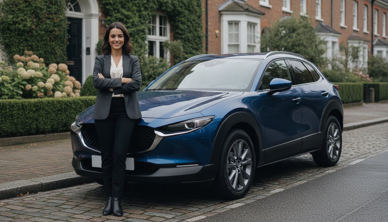 Junge Frau neben einem blauen Mazda CX-30 Gebrauchtwagen in einer Wohnstraße