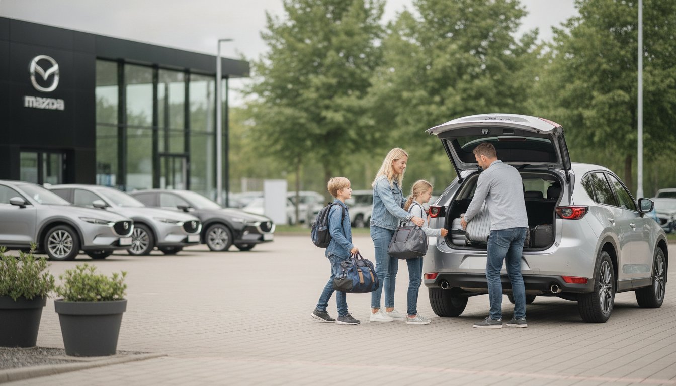 Familie belädt einen silbernen Mazda CX-5 Gebrauchtwagen auf dem Hof des Autohauses