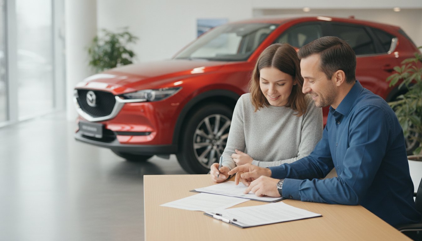 Beratungsgespräch zur Mazda Finanzierung im Autohaus mit Unterlagen auf dem Tisch