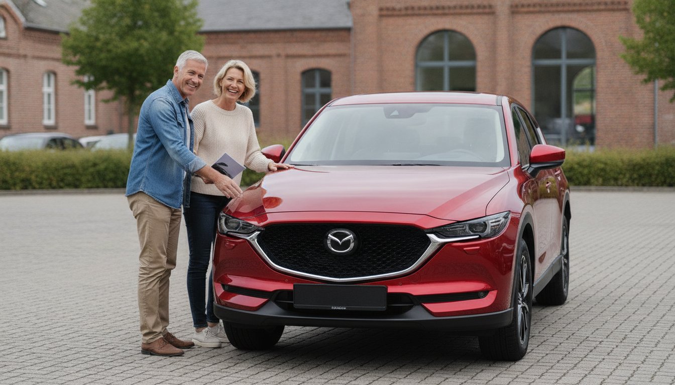 Paar begutachtet einen roten Mazda CX-5 Gebrauchtwagen beim Autohaus in Rostock