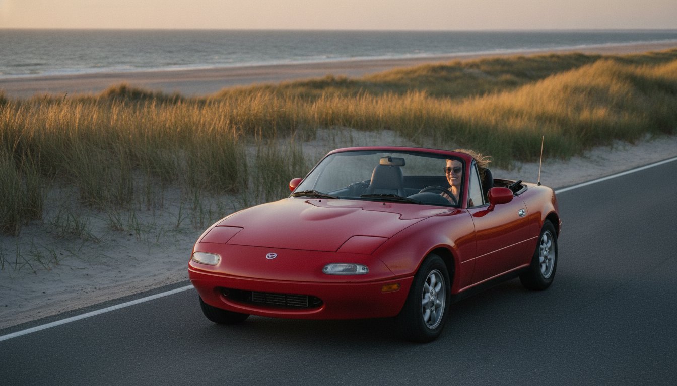 Roter Mazda MX-5 Roadster mit offenem Verdeck an der Ostseeküste