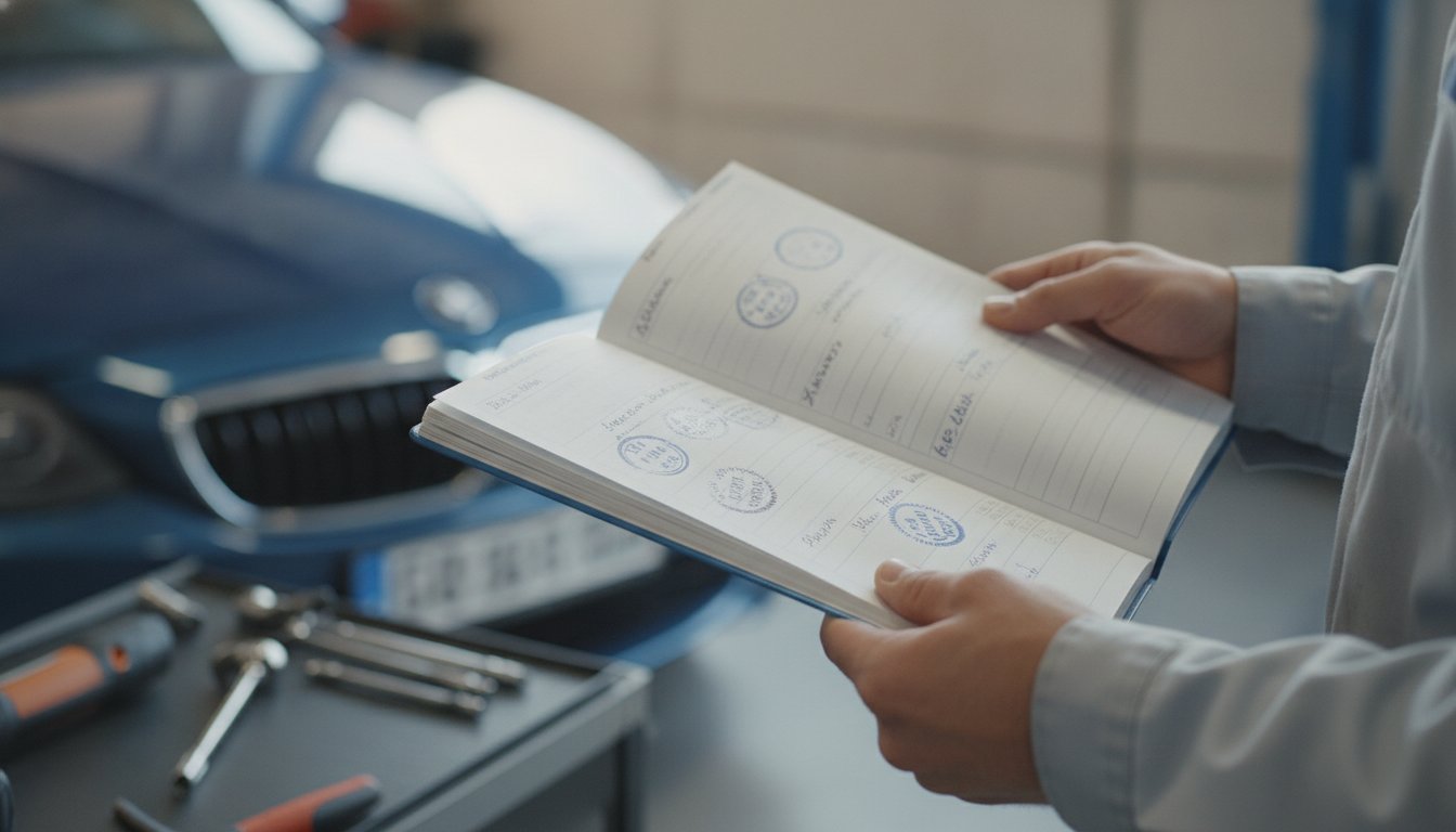 Serviceheft eines scheckheftgepflegten Gebrauchtwagens wird im Autohaus geprüft